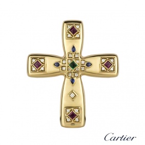 Cartier 18k Yellow Gold Multi Stone Byzantine Cross Pendant Brooch
